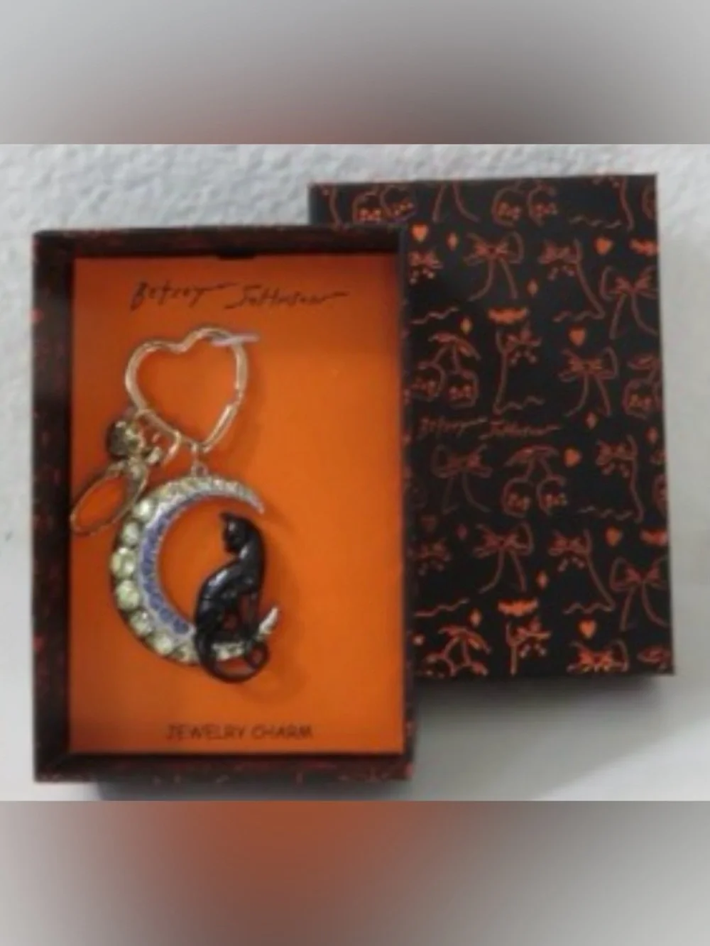 BETSEY JOHNSON Halloween Black Cat & Crystal-Studded Moon Bag Charm Keychain NWT